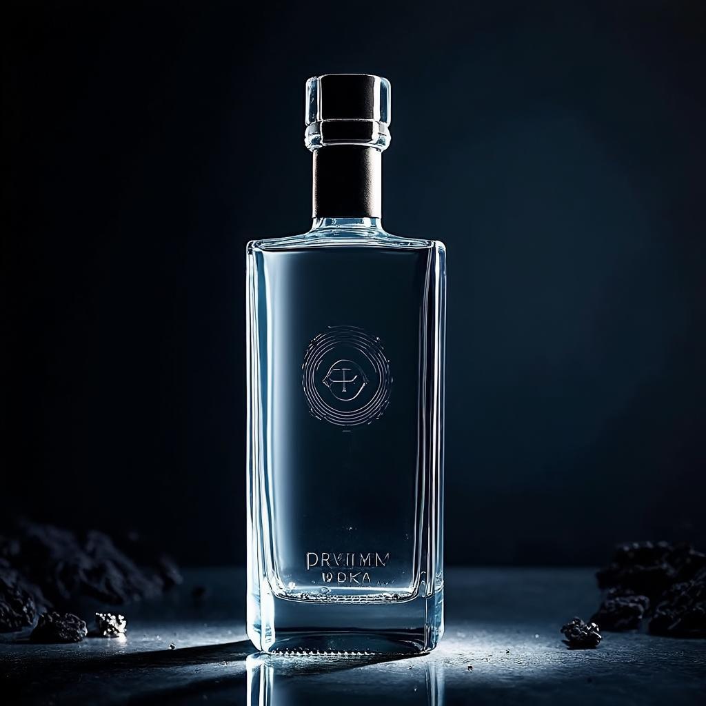 Botol vodka premium yang elegan dengan pencahayaan dramatis
